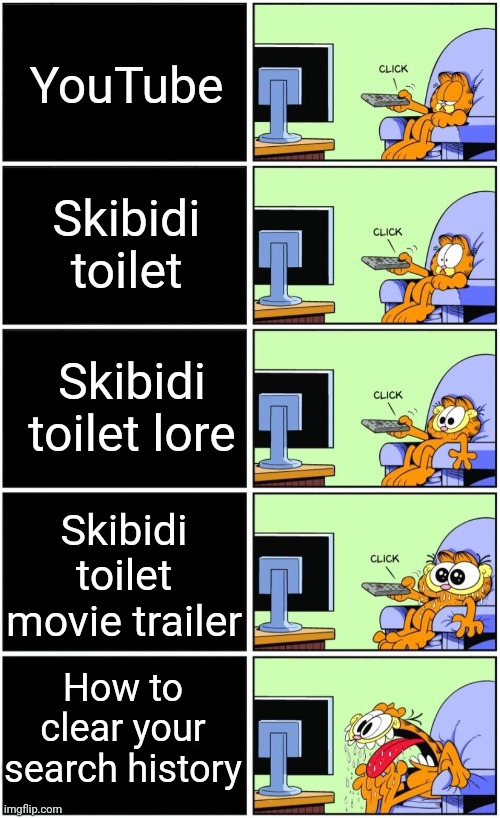 Garfield's guilty pleasure | YouTube; Skibidi toilet; Skibidi toilet lore; Skibidi toilet movie trailer; How to clear your search history | image tagged in garfield reaction | made w/ Imgflip meme maker