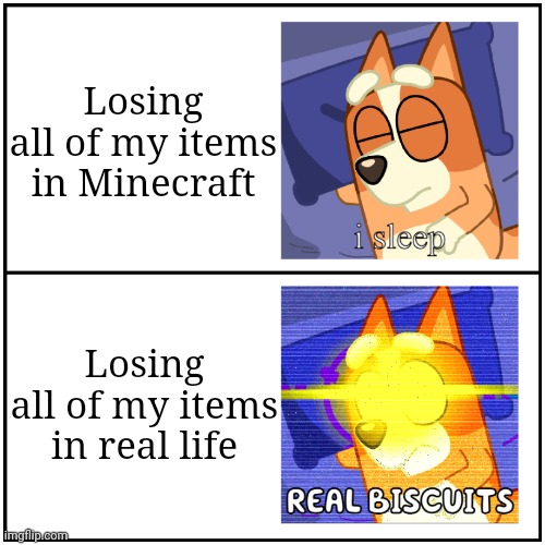 Bingo sleeps | Losing all of my items in Minecraft; Losing all of my items in real life | image tagged in i sleep real biscuits,bluey | made w/ Imgflip meme maker