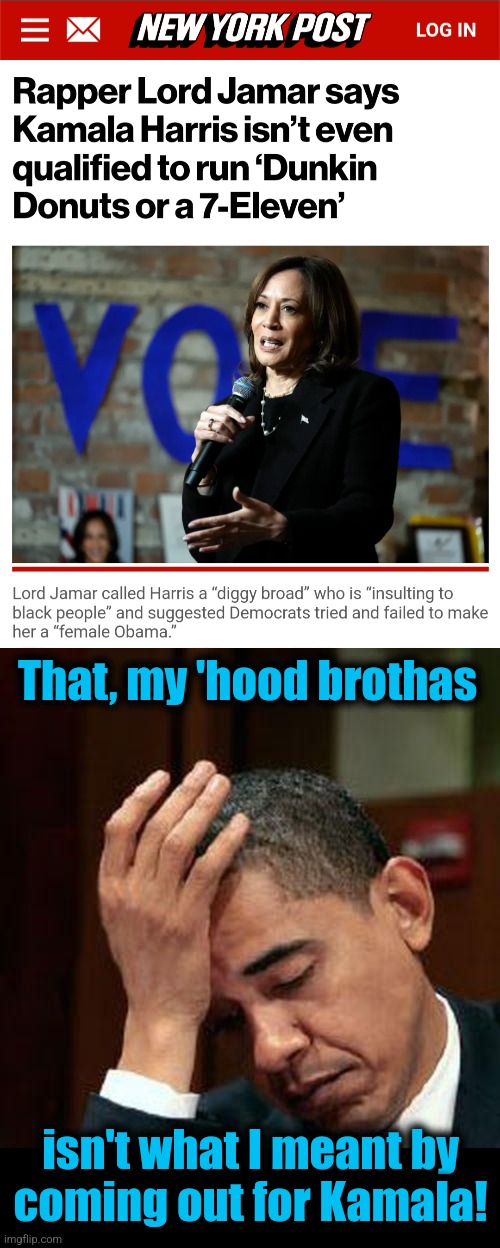 That, my 'hood brothas; isn't what I meant by
coming out for Kamala! | image tagged in obama facepalm 250px,memes,democrats,lord jamar,black men,kamala harris | made w/ Imgflip meme maker