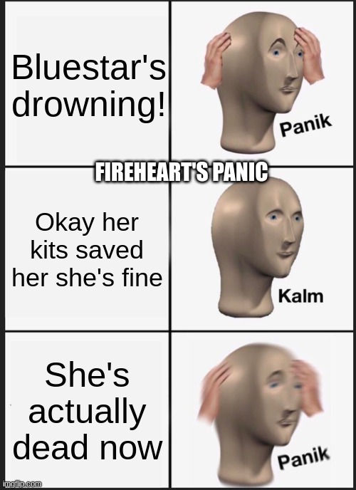 Fireheart's Panic | Bluestar's drowning! FIREHEART'S PANIC; Okay her kits saved her she's fine; She's actually dead now | image tagged in fireheart | made w/ Imgflip meme maker