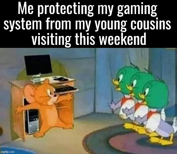 They will destroy it | Me protecting my gaming 
system from my young cousins 
visiting this weekend | image tagged in he protecc | made w/ Imgflip meme maker