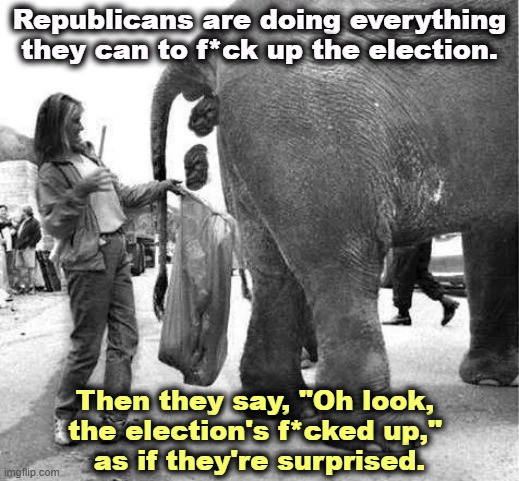Republican elephant dropping poop pro-Trump propaganda | Republicans are doing everything they can to f*ck up the election. Then they say, "Oh look, 
the election's f*cked up," 

as if they're surprised. | image tagged in republican elephant dropping poop pro-trump propaganda,republican,elephant,voter fraud,incompetence,election fraud | made w/ Imgflip meme maker