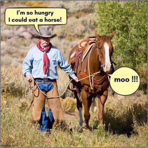 Hungry Cowboy - Scared Horse ! | image tagged in cowboys,humour,hungry,horse | made w/ Imgflip meme maker