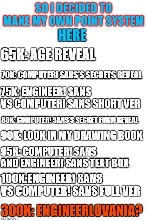 BrUhHhHHHHhhhh | SO I DECIDED TO MAKE MY OWN POINT SYSTEM; HERE; 65K: AGE REVEAL; 70K: COMPUTER! SANS'S SECRETS REVEAL; 75K: ENGINEER! SANS VS COMPUTER! SANS SHORT VER; 80K: COMPUTER! SANS'S SECRET FORM REVEAL; 90K: LOOK IN MY DRAWING BOOK; 95K: COMPUTER! SANS AND ENGINEER! SANS TEXT BOX; 100K:ENGINEER! SANS VS COMPUTER! SANS FULL VER; 300K: ENGINEERLOVANIA? | image tagged in yaaaaaa,oh god i have done it again,undertale,au thingys | made w/ Imgflip meme maker