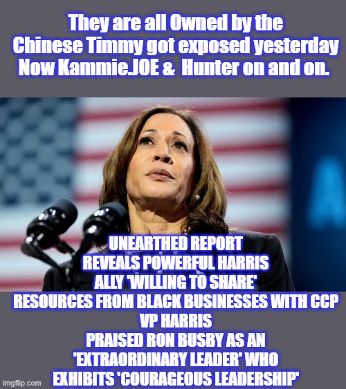 SAWALL etc etc MITCH MC | They are all Owned by the Chinese Timmy got exposed yesterday Now Kammie.JOE &  Hunter on and on. UNEARTHED REPORT REVEALS POWERFUL HARRIS ALLY 'WILLING TO SHARE' RESOURCES FROM BLACK BUSINESSES WITH CCP
VP HARRIS PRAISED RON BUSBY AS AN 'EXTRAORDINARY LEADER' WHO EXHIBITS 'COURAGEOUS LEADERSHIP' | made w/ Imgflip meme maker