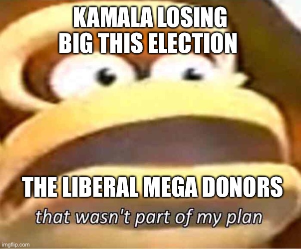 The cries of of thousand Elitist | KAMALA LOSING BIG THIS ELECTION; THE LIBERAL MEGA DONORS | image tagged in that wasn't part of my plan | made w/ Imgflip meme maker