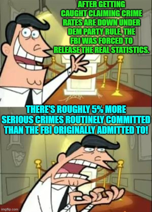 Conclusion?  President Trump needs to restructure the corrupt FBI. | AFTER GETTING CAUGHT CLAIMING CRIME RATES ARE DOWN UNDER DEM PARTY RULE, THE FBI WAS FORCED TO RELEASE THE REAL STATISTICS. THERE'S ROUGHLY 5% MORE SERIOUS CRIMES ROUTINELY COMMITTED THAN THE FBI ORIGINALLY ADMITTED TO! | image tagged in yep | made w/ Imgflip meme maker