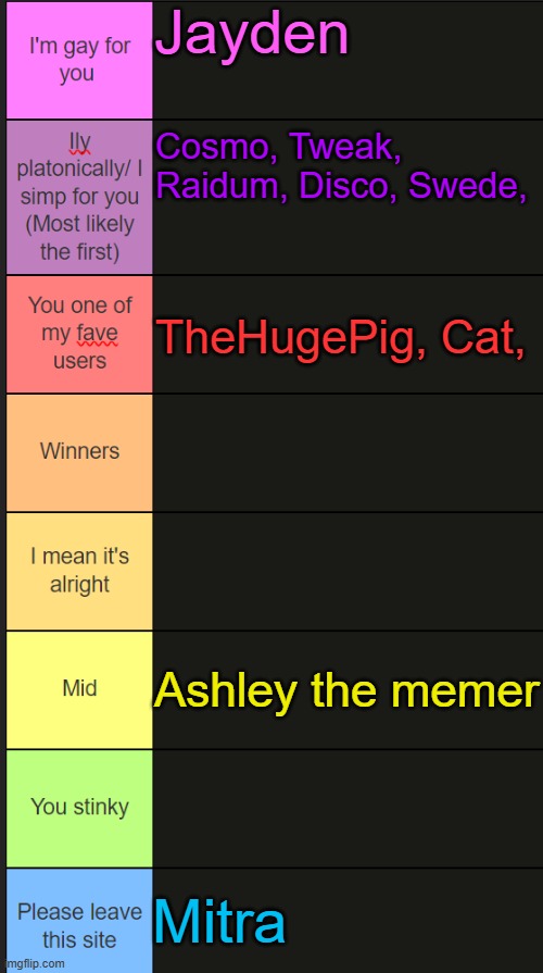 ranking users | Jayden; Cosmo, Tweak, Raidum, Disco, Swede, TheHugePig, Cat, Ashley the memer; Mitra | image tagged in neko new tier list | made w/ Imgflip meme maker