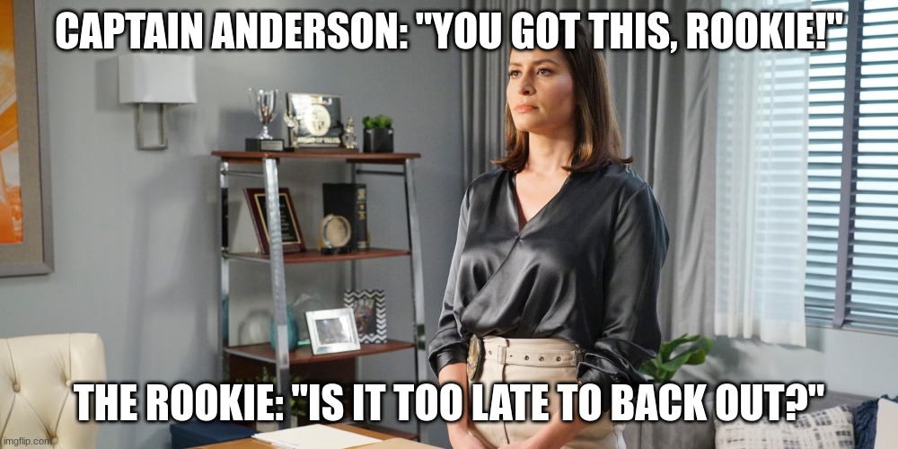 captain anderson | CAPTAIN ANDERSON: "YOU GOT THIS, ROOKIE!"; THE ROOKIE: "IS IT TOO LATE TO BACK OUT?" | image tagged in captain anderson | made w/ Imgflip meme maker