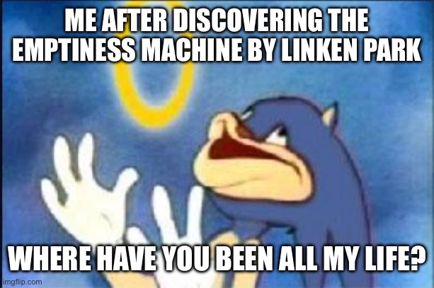 The emptiness machine is a great song | ME AFTER DISCOVERING THE EMPTINESS MACHINE BY LINKEN PARK; WHERE HAVE YOU BEEN ALL MY LIFE? | image tagged in sonic derp,metal,new metal | made w/ Imgflip meme maker