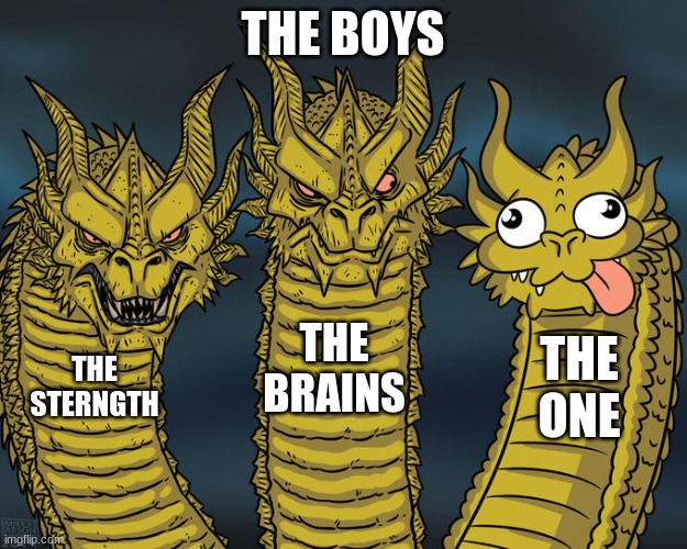 Three-headed Dragon | THE BOYS; THE BRAINS; THE ONE; THE STERNGTH | image tagged in three-headed dragon,the boys,understandable have a great day | made w/ Imgflip meme maker