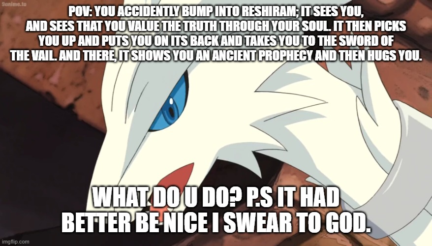 the first POV in a few months | POV: YOU ACCIDENTLY BUMP INTO RESHIRAM; IT SEES YOU, AND SEES THAT YOU VALUE THE TRUTH THROUGH YOUR SOUL. IT THEN PICKS YOU UP AND PUTS YOU ON ITS BACK AND TAKES YOU TO THE SWORD OF THE VAIL. AND THERE, IT SHOWS YOU AN ANCIENT PROPHECY AND THEN HUGS YOU. WHAT DO U DO? P.S IT HAD BETTER BE NICE I SWEAR TO GOD. | image tagged in pokemon black,reshiram,pov | made w/ Imgflip meme maker