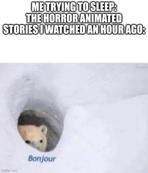 Bonjour | ME TRYING TO SLEEP:
THE HORROR ANIMATED STORIES I WATCHED AN HOUR AGO: | image tagged in bonjour | made w/ Imgflip meme maker