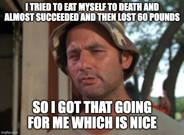 I TRIED TO EAT MYSELF TO DEATH AND ALMOST SUCCEEDED AND THEN LOST 60 POUNDS SO I GOT THAT GOING FOR ME WHICH IS NICE | image tagged in memes,so i got that goin for me which is nice | made w/ Imgflip meme maker