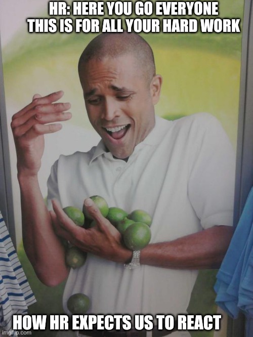 Why Can't I Hold All These Limes Meme | HR: HERE YOU GO EVERYONE THIS IS FOR ALL YOUR HARD WORK; HOW HR EXPECTS US TO REACT | image tagged in memes,why can't i hold all these limes | made w/ Imgflip meme maker