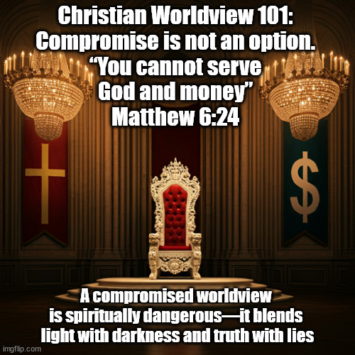 No Compromise | Christian Worldview 101: 
Compromise is not an option. 
“You cannot serve 
God and money” 
Matthew 6:24; A compromised worldview 
is spiritually dangerous—it blends 
light with darkness and truth with lies | image tagged in god religion universe,church,the truth | made w/ Imgflip meme maker