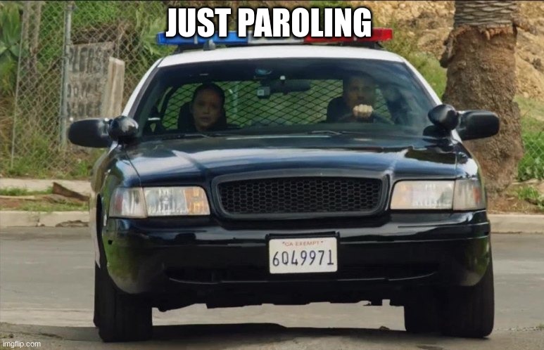 lapd police car the rookie | JUST PAROLING | image tagged in lapd police car the rookie | made w/ Imgflip meme maker