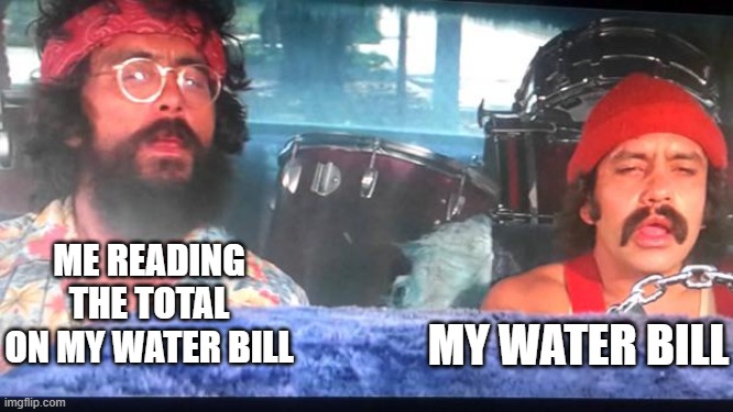 water bill high | ME READING THE TOTAL ON MY WATER BILL; MY WATER BILL | image tagged in cheech and chong,water bill,high | made w/ Imgflip meme maker