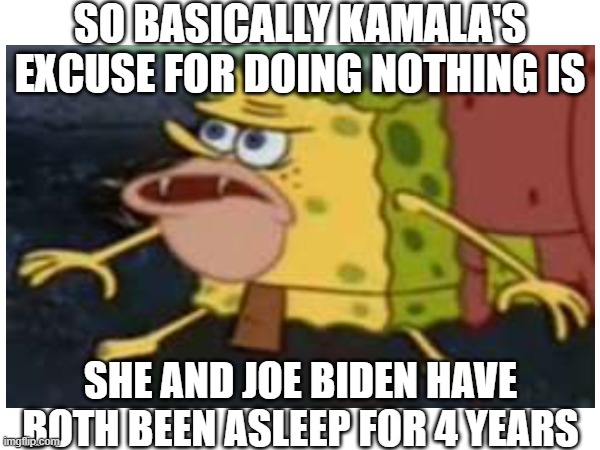 Scamala's excuse | SO BASICALLY KAMALA'S EXCUSE FOR DOING NOTHING IS; SHE AND JOE BIDEN HAVE BOTH BEEN ASLEEP FOR 4 YEARS | image tagged in kamala harris,scamala,joe biden,economy,inflation | made w/ Imgflip meme maker