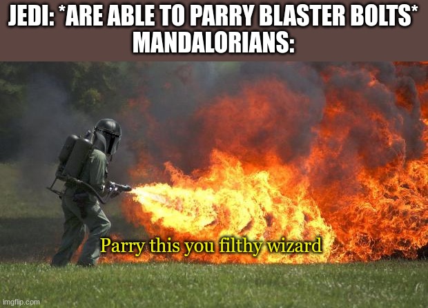 Who's up for Jedi BBQ? | JEDI: *ARE ABLE TO PARRY BLASTER BOLTS*
MANDALORIANS:; Parry this you filthy wizard | image tagged in flamethrower,star wars,funny,memes,mandalorian,jedi | made w/ Imgflip meme maker