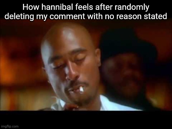 I was gonna ask him why he did that, but didnt because I want no drama | How hannibal feels after randomly deleting my comment with no reason stated | image tagged in 2pac thug life | made w/ Imgflip meme maker