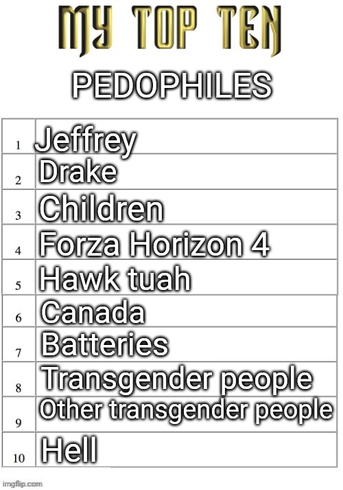 Top ten list better | PEDOPHILES; Jeffrey; Drake; Children; Forza Horizon 4; Hawk tuah; Canada; Batteries; Transgender people; Other transgender people; Hell | image tagged in top ten list better | made w/ Imgflip meme maker