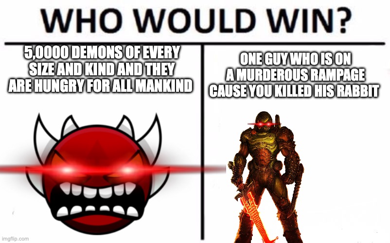 Who Would Win? Meme | 5,0000 DEMONS OF EVERY SIZE AND KIND AND THEY ARE HUNGRY FOR ALL MANKIND; ONE GUY WHO IS ON A MURDEROUS RAMPAGE CAUSE YOU KILLED HIS RABBIT | image tagged in memes,who would win | made w/ Imgflip meme maker