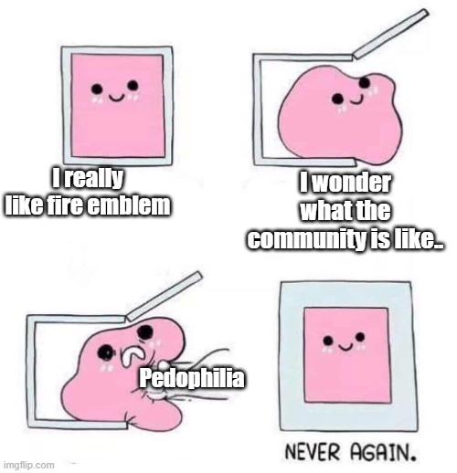 Never again | I really like fire emblem; I wonder what the community is like.. Pedophilia | image tagged in never again | made w/ Imgflip meme maker