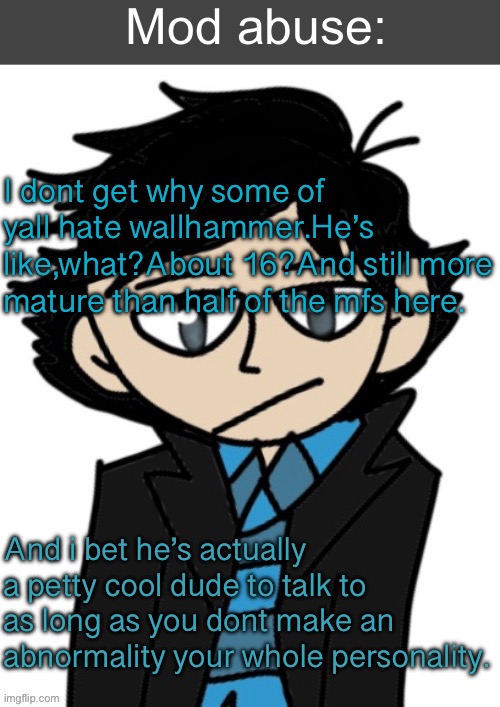 Mod abuse: | I dont get why some of yall hate wallhammer.He’s like,what?About 16?And still more mature than half of the mfs here. And i bet he’s actually a petty cool dude to talk to as long as you dont make an abnormality your whole personality. | image tagged in mod abuse | made w/ Imgflip meme maker