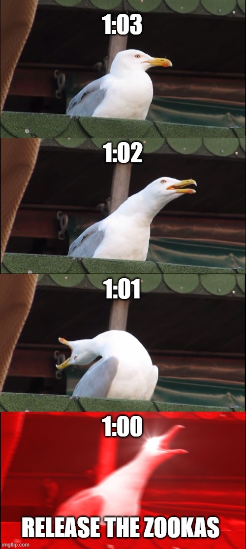 Inhaling Seagull Meme | 1:03; 1:02; 1:01; 1:00; RELEASE THE ZOOKAS | image tagged in memes,inhaling seagull | made w/ Imgflip meme maker