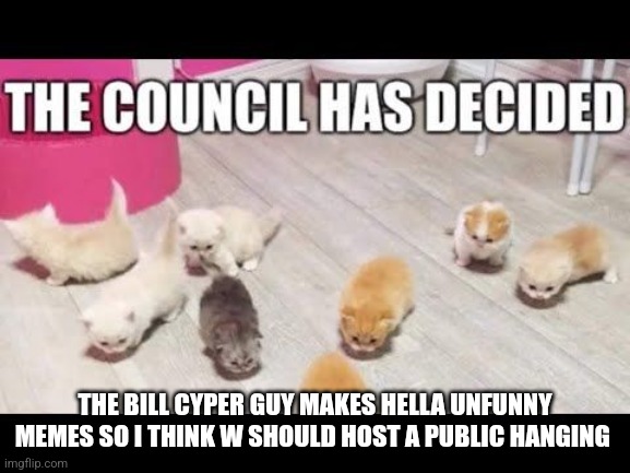 the council has decided | THE BILL CYPER GUY MAKES HELLA UNFUNNY MEMES SO I THINK W SHOULD HOST A PUBLIC HANGING | image tagged in the council has decided | made w/ Imgflip meme maker