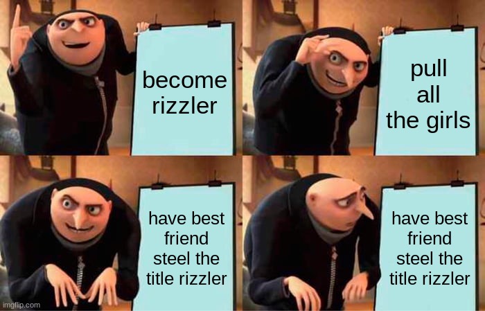 Gru's Plan | become rizzler; pull all the girls; have best friend steel the title rizzler; have best friend steel the title rizzler | image tagged in memes,gru's plan | made w/ Imgflip meme maker