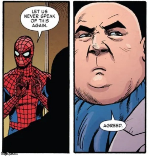 Spider-Man and Kingpin let us never speak of this again | image tagged in spider-man and kingpin let us never speak of this again | made w/ Imgflip meme maker