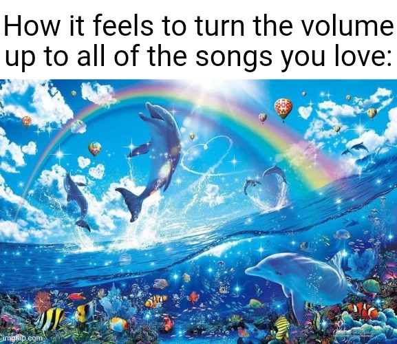 Crankin' dat volume up | How it feels to turn the volume up to all of the songs you love: | image tagged in happy dolphin rainbow,songs | made w/ Imgflip meme maker