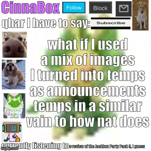 CinnaBox’s 144p Leavanny temp | what if I used a mix of images I turned into temps as announcements temps in a similar vain to how nat does; a review of the Jackbox Party Pack 9, I guess | image tagged in cinnabox s 144p leavanny temp | made w/ Imgflip meme maker