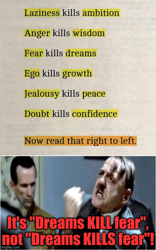 It's "Dreams KILL fear", not "Dreams KILLS fear"! | image tagged in hitler grammar nazi | made w/ Imgflip meme maker