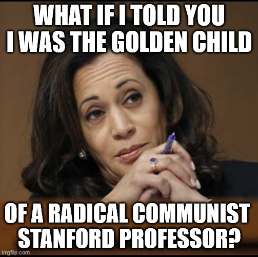 Linled to Obama with iron chains | WHAT IF I TOLD YOU I WAS THE GOLDEN CHILD; OF A RADICAL COMMUNIST 
STANFORD PROFESSOR? | image tagged in kamala harris,professor,communism,deception,tyranny | made w/ Imgflip meme maker