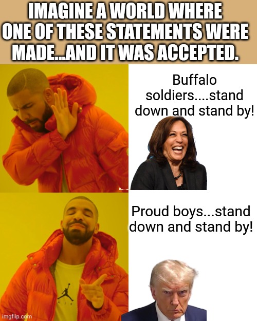 Just imagine what you would do!!! | IMAGINE A WORLD WHERE ONE OF THESE STATEMENTS WERE MADE...AND IT WAS ACCEPTED. Buffalo soldiers....stand down and stand by! Proud boys...stand down and stand by! | image tagged in memes,drake hotline bling | made w/ Imgflip meme maker