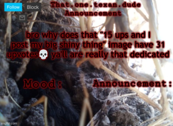 THE that.one.texan.dude announcement template | bro why does that "15 ups and I post my big shiny thing" image have 31 upvotes💀 ya'll are really that dedicated | image tagged in the that one texan dude announcement template | made w/ Imgflip meme maker