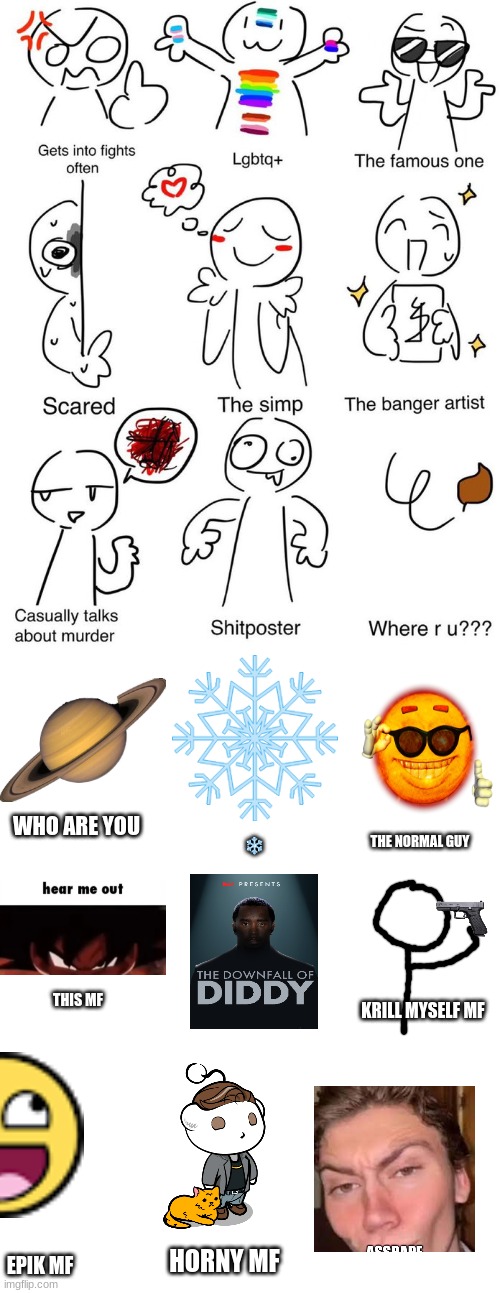go download this image and make it a template cuz I'm bored | WHO ARE YOU; THE NORMAL GUY; ❄; THIS MF; KRILL MYSELF MF; EPIK MF; HORNY MF | image tagged in which one am i | made w/ Imgflip meme maker