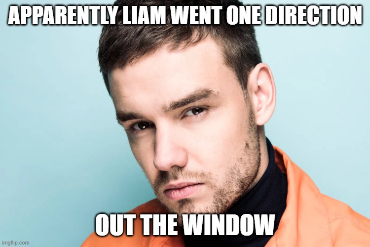 Too Soon? | APPARENTLY LIAM WENT ONE DIRECTION; OUT THE WINDOW | image tagged in liam payne,dark humor | made w/ Imgflip meme maker