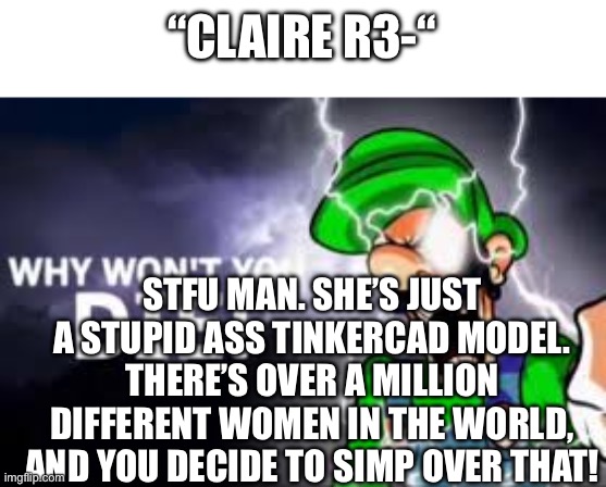 luigi k wodr | “CLAIRE R3-“; STFU MAN. SHE’S JUST A STUPID ASS TINKERCAD MODEL. THERE’S OVER A MILLION DIFFERENT WOMEN IN THE WORLD, AND YOU DECIDE TO SIMP OVER THAT! | image tagged in luigi k wodr | made w/ Imgflip meme maker