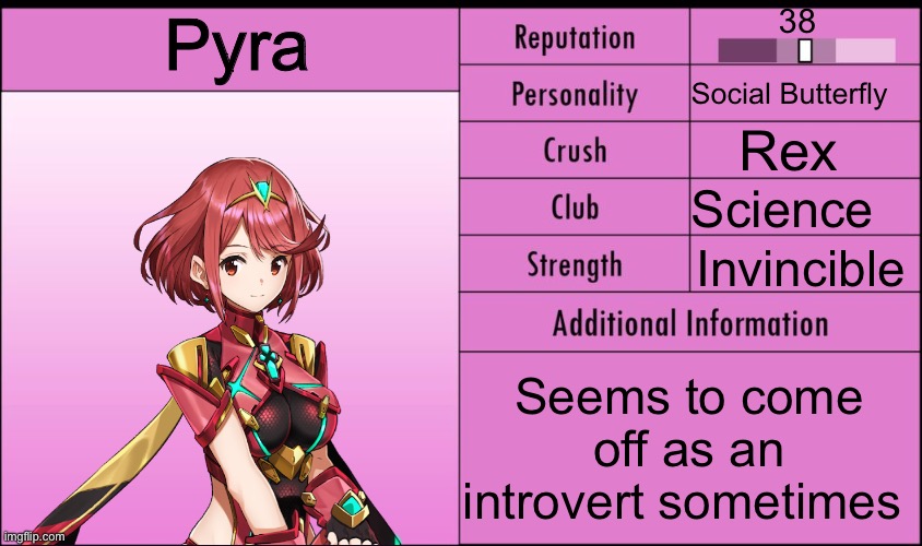 Yandere Simulator Student Info | 38; Pyra; Social Butterfly; Rex; Science; Invincible; Seems to come off as an introvert sometimes | image tagged in yandere simulator student info | made w/ Imgflip meme maker