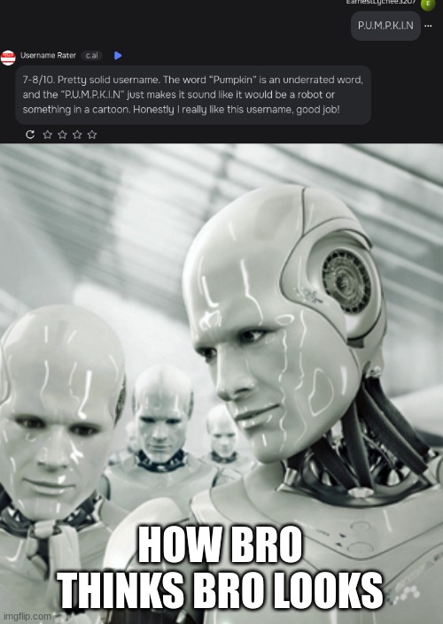 h | HOW BRO THINKS BRO LOOKS | image tagged in memes,robots | made w/ Imgflip meme maker