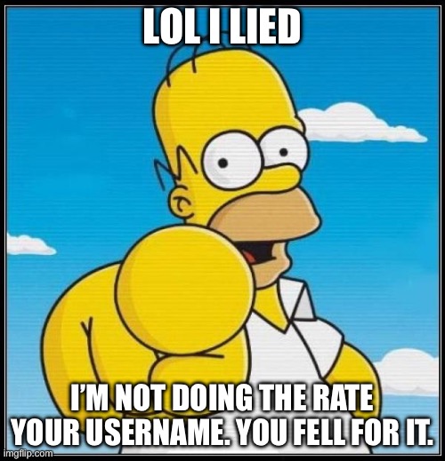 Homer Simpson Ultimate | LOL I LIED; I’M NOT DOING THE RATE YOUR USERNAME. YOU FELL FOR IT. | image tagged in homer simpson ultimate | made w/ Imgflip meme maker