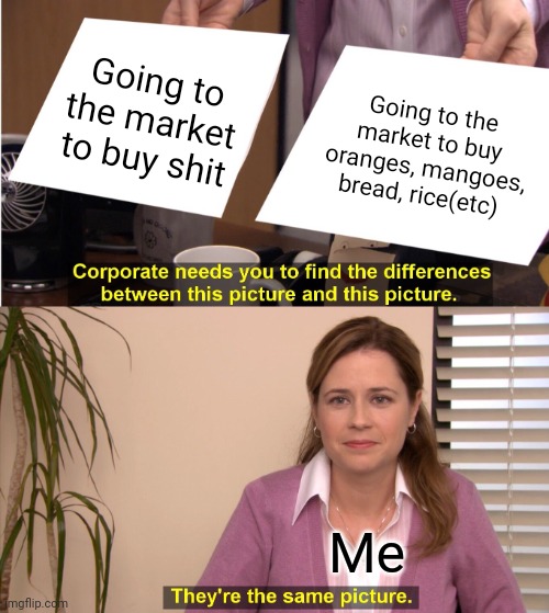 They are the same | Going to the market to buy shit; Going to the market to buy oranges, mangoes, bread, rice(etc); Me | image tagged in memes,they're the same picture | made w/ Imgflip meme maker