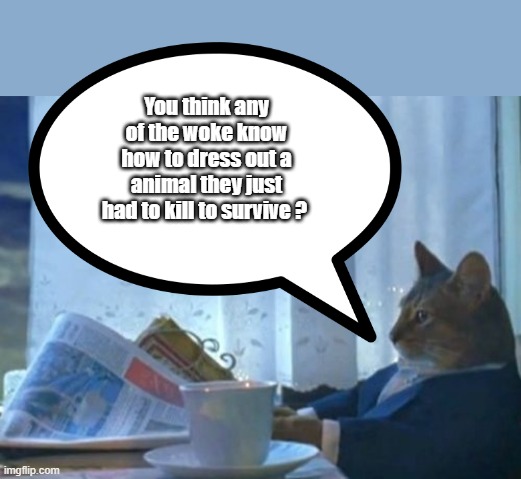 They can't even cook thier own breakfast. | You think any of the woke know how to dress out a animal they just had to kill to survive ? | image tagged in memes,i should buy a boat cat | made w/ Imgflip meme maker