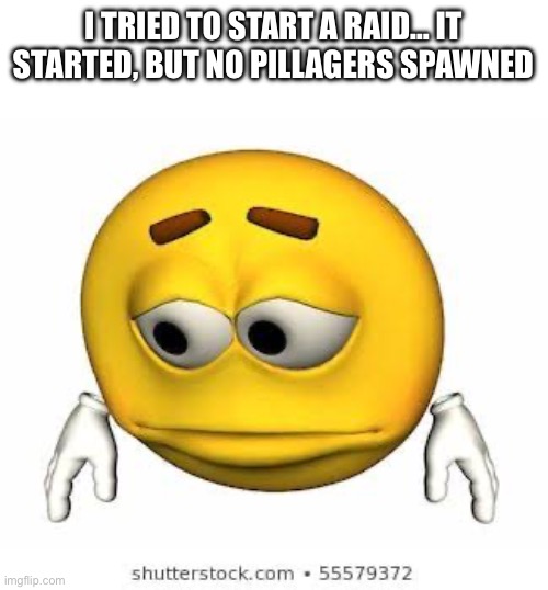 Sad stock emoji | I TRIED TO START A RAID… IT STARTED, BUT NO PILLAGERS SPAWNED | image tagged in sad stock emoji | made w/ Imgflip meme maker