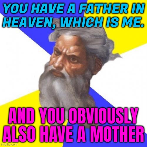 You Obviously Also Have A Mother | YOU HAVE A FATHER IN
HEAVEN, WHICH IS ME. AND YOU OBVIOUSLY ALSO HAVE A MOTHER | image tagged in memes,advice god,god,religion,god religion universe,anti-religion | made w/ Imgflip meme maker