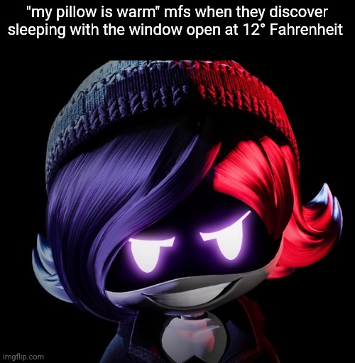 I'm guilty of this | "my pillow is warm" mfs when they discover sleeping with the window open at 12° Fahrenheit | image tagged in uzi doorman | made w/ Imgflip meme maker